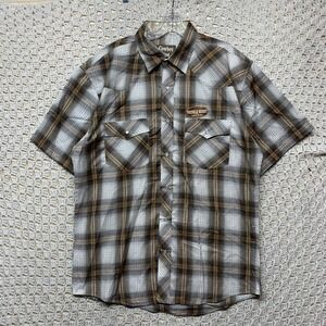 Cowboy Legend Western Shirt Mens L Brown Gray Plaid Pearl Snap Rodeo Short Slv
